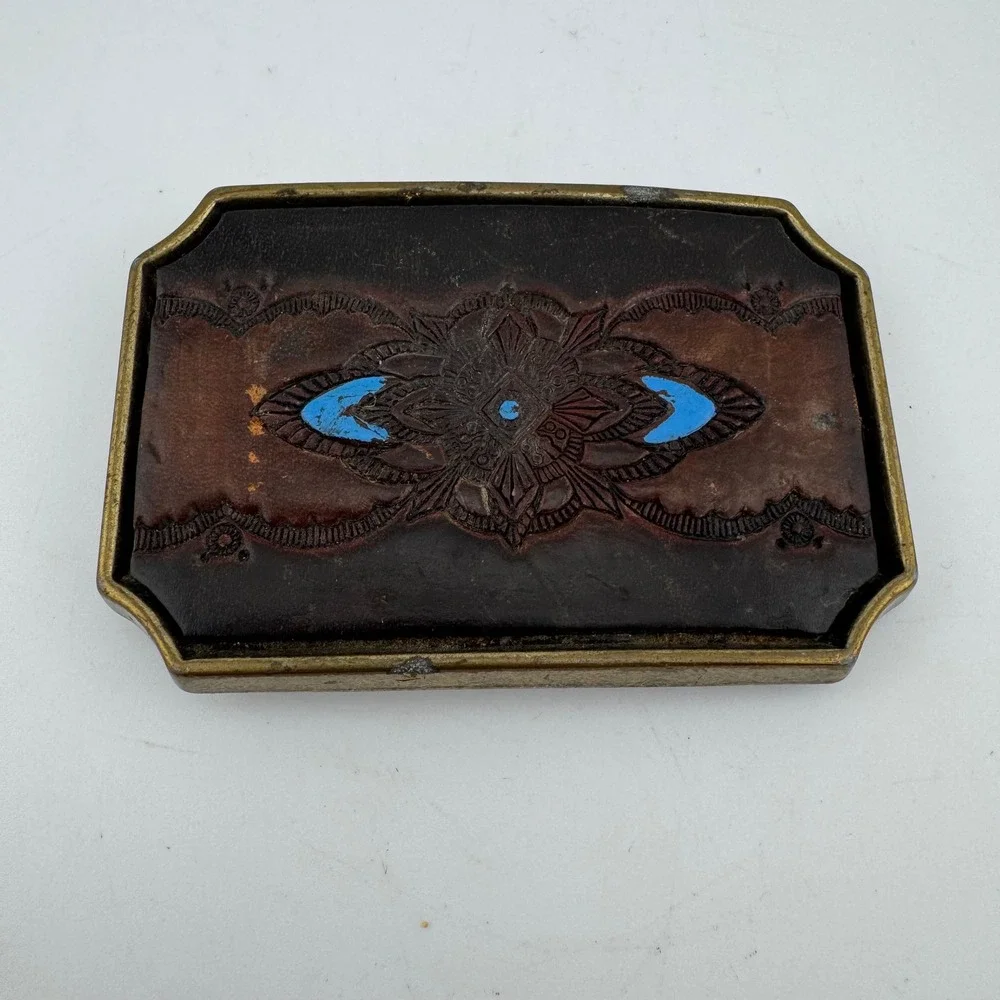 Belt Buckle Brown Good Western Leather Brass Turquoise Boho